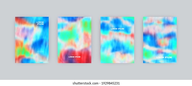 Set of vector cover templates. Acid colors splash hand painted psychedelic tie dye blurred background. For flyers, posters and placards design