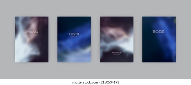 Set of vector cover templates. Black, blue and silver colors hand painted alcohol ink blurred background. For flyers, posters and placards design