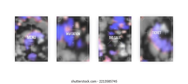 Set of vector cover templates. Black and white, violet colors hand painted tie dye blurred background. For flyers, posters and placards design