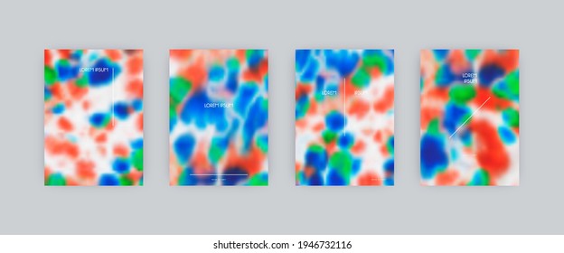 Set of vector cover templates. Blue and red bright spots hand painted psychedelic tie dye blurred background. For flyers, posters and placards design