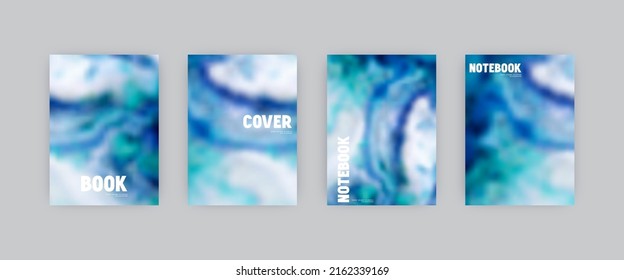Set of vector cover templates. Blue colors hand painted alcohol ink blurred background. For flyers, posters and placards design