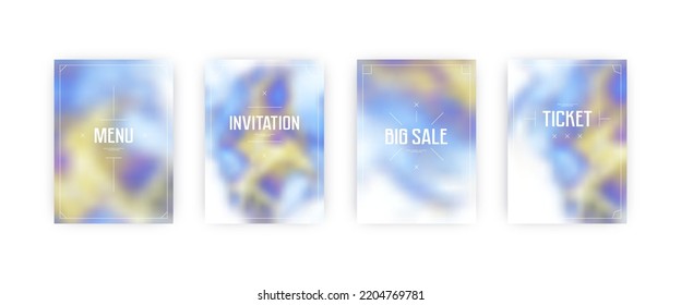 Set of vector cover templates. Blue and yellow colors hand painted alcohol ink blurred background. For flyers, posters and placards design