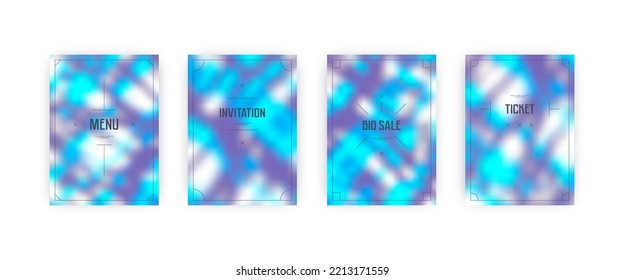 Set of vector cover templates. Blue and violet colors hand painted tie dye blurred background. For flyers, posters and placards design