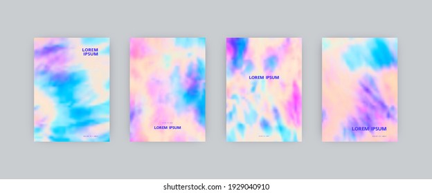 Set of vector cover templates. Bright and light colors splash hand painted psychedelic tie dye blurred background. For flyers, posters and placards design