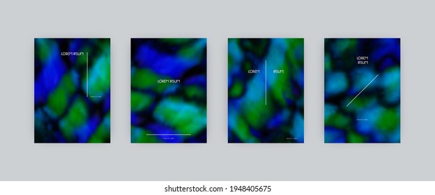 Set of vector cover templates. Cold colors spots hand painted psychedelic tie dye blurred background. For flyers, posters and placards design