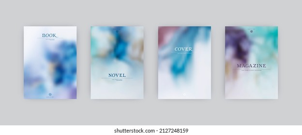 Set of vector cover templates. Cold saturated colors splash hand painted alcohol ink blurred background. For flyers, posters and placards design