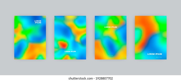 Set of vector cover templates. Crazy acid colors splash hand painted psychedelic tie dye blurred background. For flyers, posters and placards design