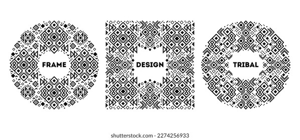 Set of vector cover templates, decorative aztec borders, geometric ethnic frames. Black and white art decoration shapes set. 