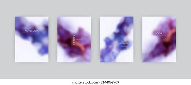 Set of vector cover templates. Indigo, blue and white colors hand painted alcohol ink blurred background. For flyers, posters and placards design