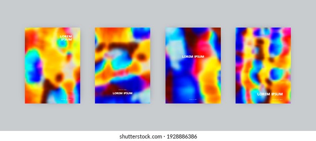 Set of vector cover templates. Infrared acid colors splash hand painted psychedelic tie dye blurred background. For flyers, posters and placards design