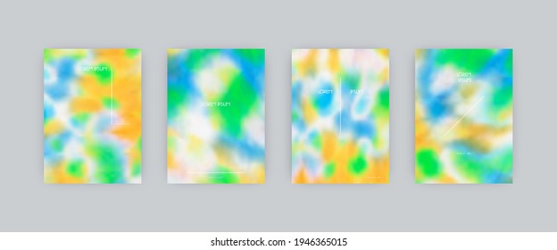 Set of vector cover templates. Light colors splash hand painted psychedelic tie dye blurred background. For flyers, posters and placards design
