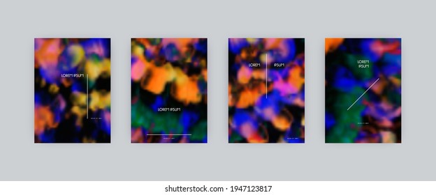 Set of vector cover templates. Neon colors splash hand painted psychedelic tie dye blurred background. For flyers, posters and placards design