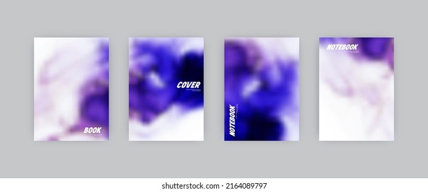 Set of vector cover templates. Saturated Indigo and white colors hand painted alcohol ink blurred background. For flyers, posters and placards design