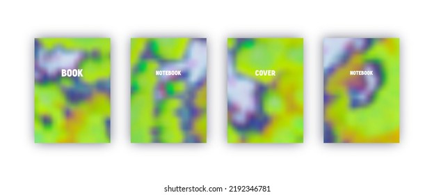 Set of vector cover templates. Saturated green and blue colors hand painted tie dye blurred background. For flyers, posters and placards design