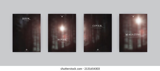 Set of vector cover templates. Sun in dark forest blurred background. For flyers, posters and placards design
