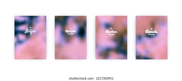 Set of vector cover templates. Typographic emblems with lettering on colors blurred background. For notebook, posters and placards design