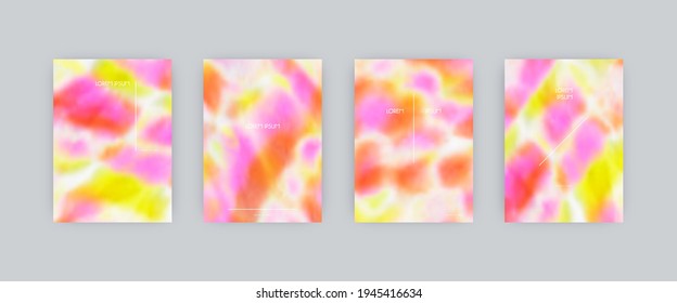 Set of vector cover templates. Warm colors splash hand painted psychedelic tie dye blurred background. For flyers, posters and placards design