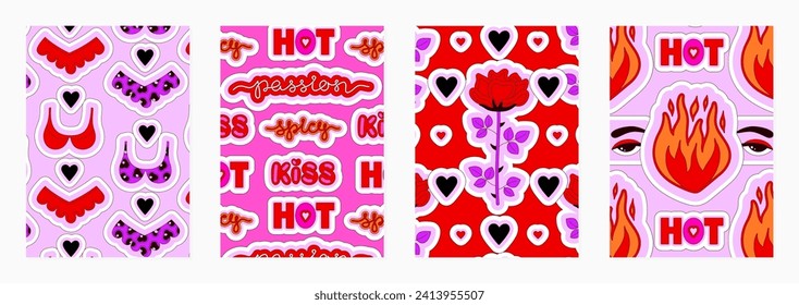 Set of vector covers with bright hot sensual patterns of love and passion. Creative glamour Valentines Day designs. Pink and red colors. Vector illustration for cards, posters, notebook, planners
