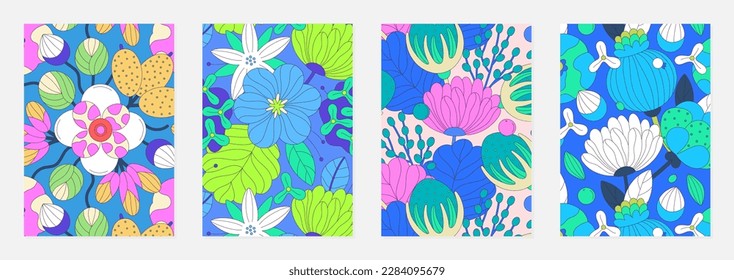 Conjunto de cubiertas vectoriales con patrones florales de flores coloridas abstractas con trazo negro. Diseños de primavera o verano para afiches, portátiles, planificadores. Color rosa, blanco, azul, verde