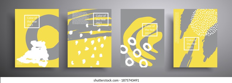 Conjunto de portadas vectoriales de cuatro ilustraciones minimalistas dibujadas a mano de formas abstractas en gris y amarillo. Colores de moda de 2021