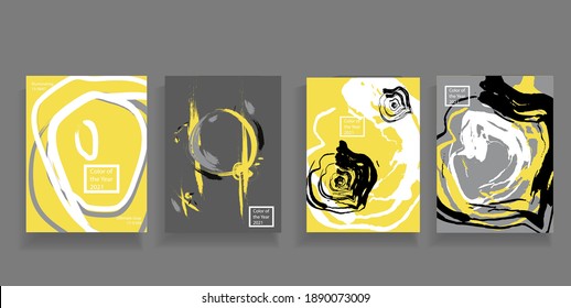 Set of vector covers of four minimalistic hand-drawn illustrations of abstract shapes in gray and yellow. Trendy colors of 2021