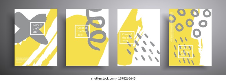 A set of vector covers of four minimalistic hand-drawn illustrations of abstract shapes in gray and yellow. Trendy colors of 2021