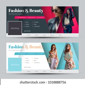Set of vector covers for social networks with intersecting triangles and photos. Template of white and black web banner with red and blue ribbons. A sample for beauty and fashion