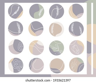 Conjunto de cubiertas vectoriales de sujetos con fondos abstractos. Diferentes formas, líneas y garabatos. Diseña iconos redondos para historias en medios sociales. Perfecto para bloggers. Colores de tendencia natural Pastel.