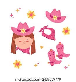 Сowgirl set vector. Cowboy boots, cowboy hat, sheriff star for invitation, wrapping paper, packaging etc.