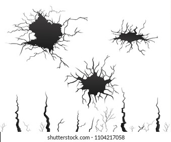 Set of vector cracks isolated on transparent background.