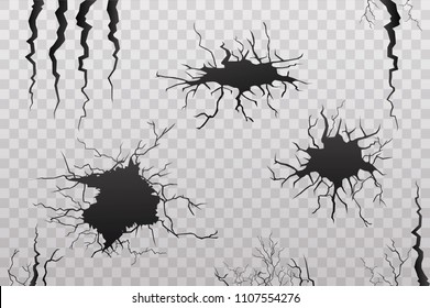 Set of vector cracks isolated on transparent background.