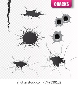 Set of vector cracks isolated on transparent background.