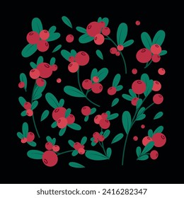 Set of vector cranberry drawings. Thoughtful icons with cheesy berry cranberry on a branch, a handful of berries on a black background. Illustration of summer fruits in detailed style.