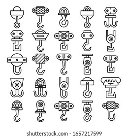 set of vector crane hook and hoist icons line