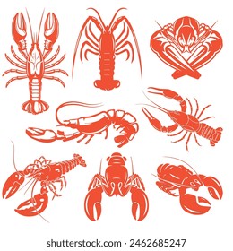 Set of vector crawfish illustrations drawn, Splattered seafood concept on white background.