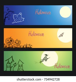 Set of vector crayon drawn happy halloween day background banner with hand drawing spooky naked trees, moon, old house, witch, ghost, bat and pumpkin. Chalk pastel or pencil design invitation card.