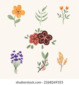 Set of vector crayon flowers with pastel colors. Flowers bouquet and leaves with cute daisy perfect for spring and summer pattern, textile, fabric, texture, wallpaper, wrapping and background