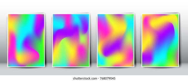 Set of vector crazy holographic gradient templates. Empty blank rainbow templates for cover, presentation, brochure or background. Easy to modify and resize. Made using full vector gradient mesh tool