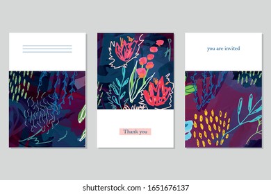 Set of vector creative artistic illustrations. Modern graphics for a greeting card, invite, web design, poster or a cover. Flowers and leaves drawn with real markers, acrylic paint and felt- tip pens.