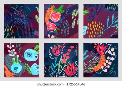 Set Of Vector Creative Artistic Illustrations. Modern Graphics For A Greeting Card, Invite, Web Design . Flowers And Leaves In Freehand Style Drawn With Real Markers, Acrylic Paint And Felt- Tip Pens.