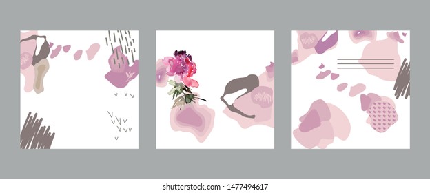 Set of vector creative cards with abstract spots. Peony in a watercolor style.