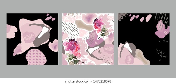 Set of vector creative cards with abstract spots. Peony in a watercolor style.