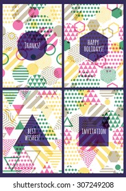 Set of vector creative cards with seamless geometric pattern. Multicolor abstract background. Design concept for party invitation, greeting card, wedding, anniversary, poster, brochure, flyer design.