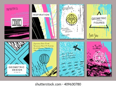 Set of vector creative greeting cards template with hand drawn elements. Modern style background. Elegant bright design for posters, birthday, banner, party, cafe, wedding.