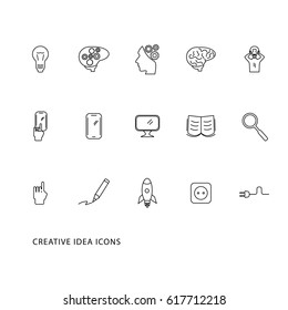 Set of vector creative idea line icons for web. Light bulb icon, human mind and brain, man with lamp instead of a head, person hand, computer, mobile