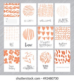 Set of vector creative ink design for leaflet, card, brochure, posters. Unique hand drawn chalk textures. Thank you, happy birthday, welcome, invitation, valentine's day cards.