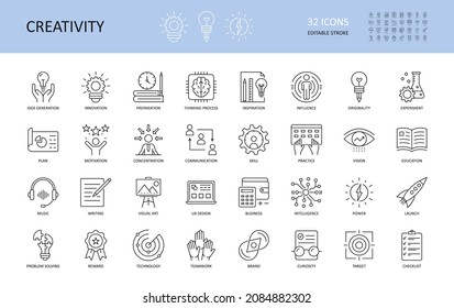 Set of vector creativity icons. Editable Stroke. Idea generation preparation inspiration influence originality, concentration challenge launch. UX design, technology teamwork motivation reward