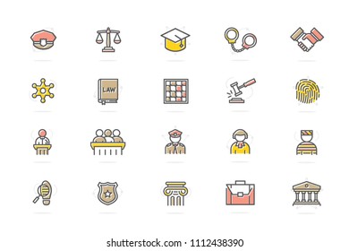 Set of vector crime, law, police and justice colored line icons. Sheriff star badge, jury, defendant, judge, officer, cop, prisoner, bandit, fingerprint, prison cell, auction hammer, libra, handcuffs