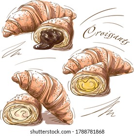 Set of vector croissants in sketch style