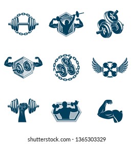 Set of vector cross fit and fitness theme illustrations created with dumbbells, barbells and disc weights sport equipment. Muscular athlete body silhouette.
